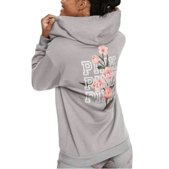 Victoria's Secret PINK Y2K Heathered Gray Full Zip Flower HOODED SWEATSHIRT S - Picture 1 of 4